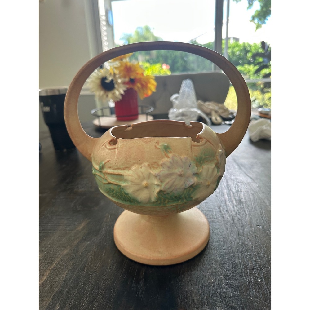 Vintage 1939 Roseville Cosmos Tan Basket 357-10 Art Pottery 10 Inch EUC